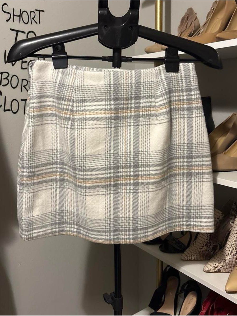 Forever 21 Cream Plaid Mini Skirt with Gray and Tan Stripes